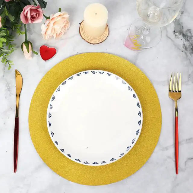 Alt view image 6 of 7 - 50 Pieces Gold Glitter Paper Place Mats Sparkle 14'' Round Disposable Table Mats Golden Sequin Doilies Decorative Placemats for Wedding Banquet Party Home Dining Tableware