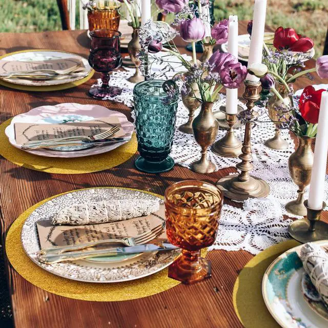 Alt view image 3 of 7 - 50 Pieces Gold Glitter Paper Place Mats Sparkle 14'' Round Disposable Table Mats Golden Sequin Doilies Decorative Placemats for Wedding Banquet Party Home Dining Tableware