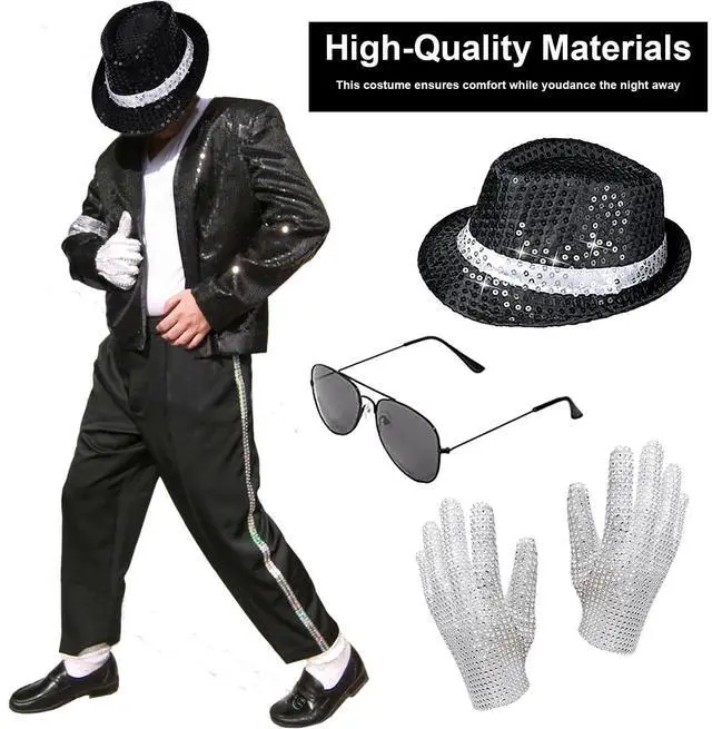 Alt view image 3 of 6 - Pop Star Costume Halloween costume for adult Rock Super Star Cosplay Accessories Sequin Gloves Black Fedora Hat Sunglass for 80s 90s Themed Halloween costume