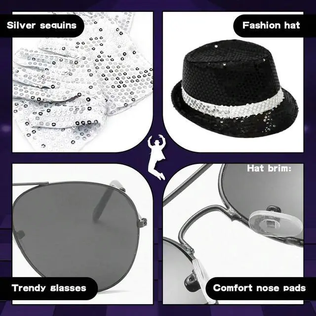 Alt view image 4 of 6 - Pop Star Costume Halloween costume for adult Rock Super Star Cosplay Accessories Sequin Gloves Black Fedora Hat Sunglass for 80s 90s Themed Halloween costume
