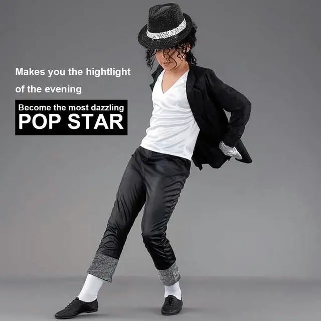 Alt view image 5 of 6 - Pop Star Costume Halloween costume for adult Rock Super Star Cosplay Accessories Sequin Gloves Black Fedora Hat Sunglass for 80s 90s Themed Halloween costume