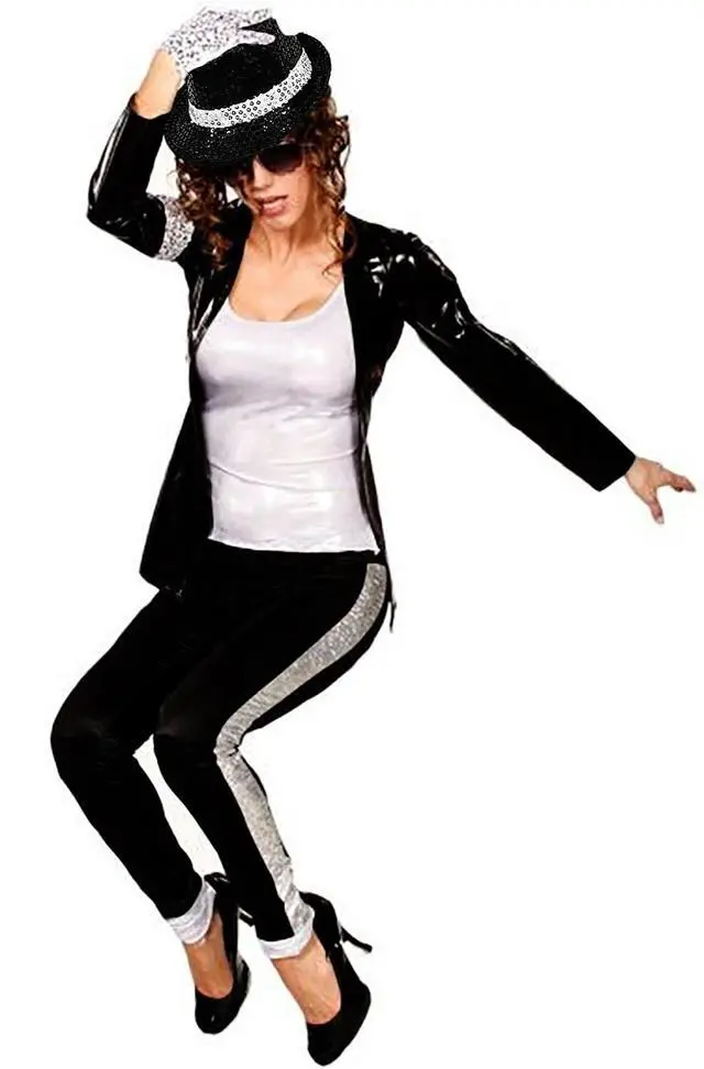 Alt view image 6 of 6 - Pop Star Costume Halloween costume for adult Rock Super Star Cosplay Accessories Sequin Gloves Black Fedora Hat Sunglass for 80s 90s Themed Halloween costume