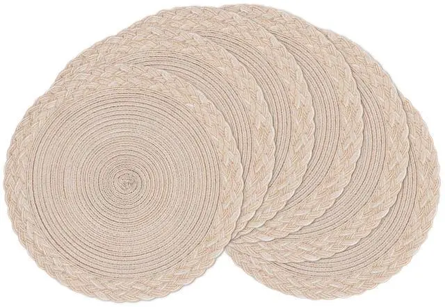Main image of 15 inch Round Placemats Set of 6 Boho Woven Braided Border Table Mats Washable Heat Resistant Circle Place Mats for Dining Table, Beige