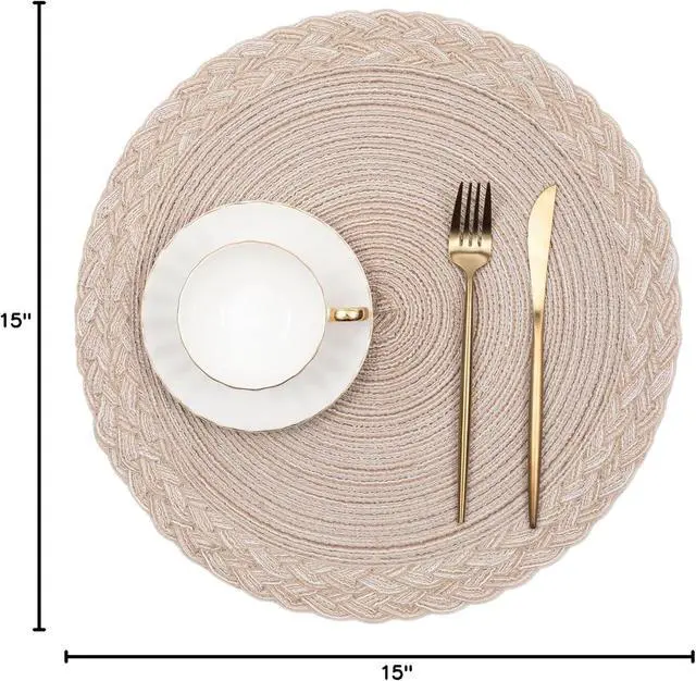 Alt view image 2 of 7 - 15 inch Round Placemats Set of 6 Boho Woven Braided Border Table Mats Washable Heat Resistant Circle Place Mats for Dining Table, Beige