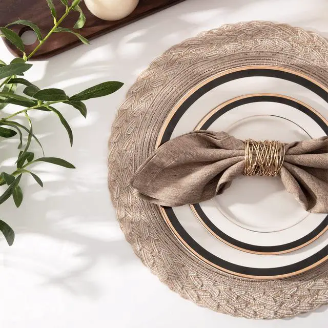 Alt view image 5 of 7 - 15 inch Round Placemats Set of 6 Boho Woven Braided Border Table Mats Washable Heat Resistant Circle Place Mats for Dining Table, Beige