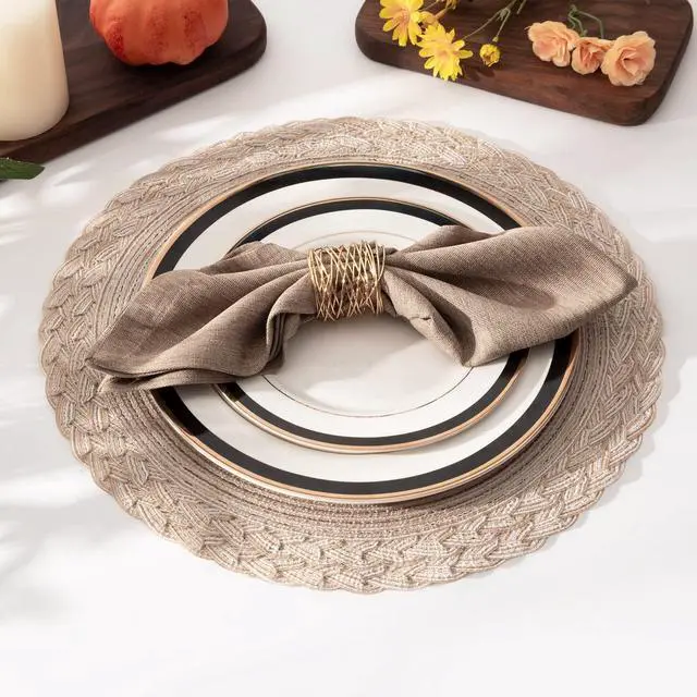 Alt view image 6 of 7 - 15 inch Round Placemats Set of 6 Boho Woven Braided Border Table Mats Washable Heat Resistant Circle Place Mats for Dining Table, Beige