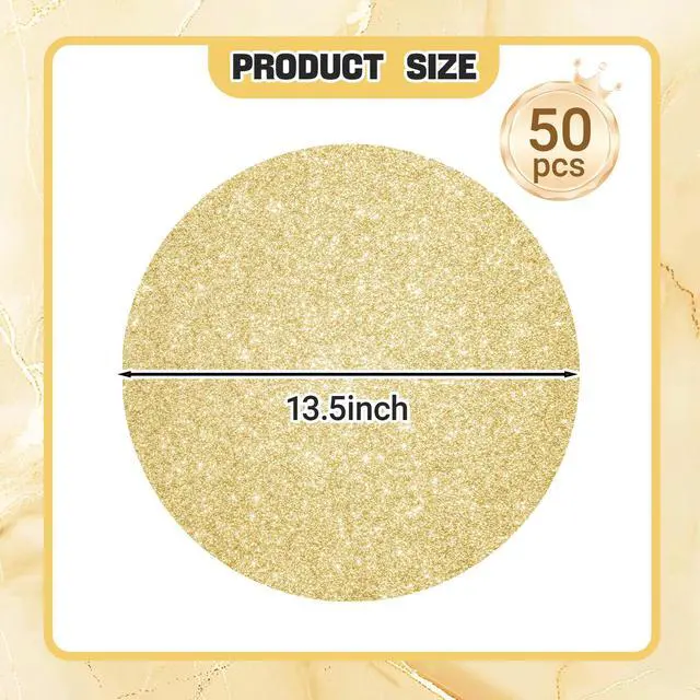 Alt view image 2 of 7 - 50 PCS Light Gold Placemats Disposable, Light Gold Paper Placemats, 13.5" Round Shiny Golden Place Mats, for Birthday Summer Wedding Anniversary Bride Party Home Dining Tableware