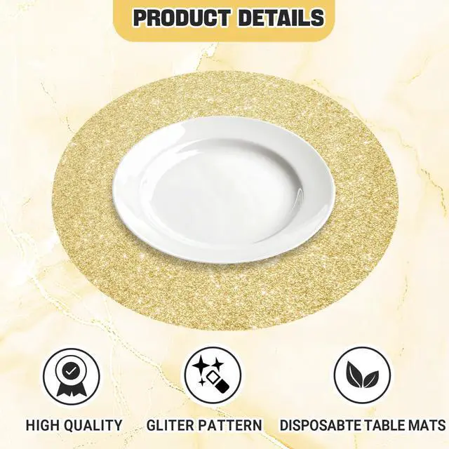 Alt view image 3 of 7 - 50 PCS Light Gold Placemats Disposable, Light Gold Paper Placemats, 13.5" Round Shiny Golden Place Mats, for Birthday Summer Wedding Anniversary Bride Party Home Dining Tableware
