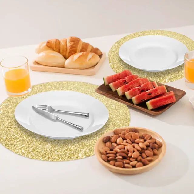 Alt view image 5 of 7 - 50 PCS Light Gold Placemats Disposable, Light Gold Paper Placemats, 13.5" Round Shiny Golden Place Mats, for Birthday Summer Wedding Anniversary Bride Party Home Dining Tableware