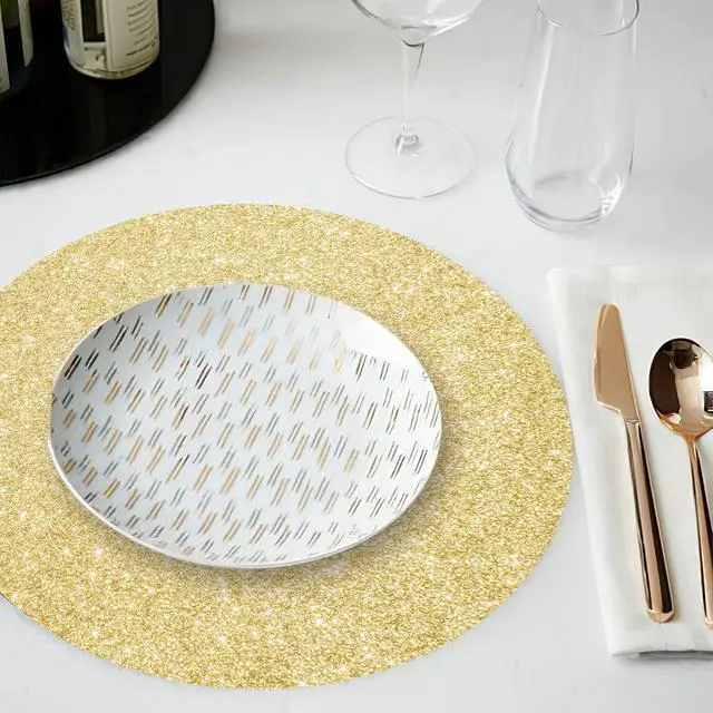 Alt view image 4 of 7 - 50 PCS Light Gold Placemats Disposable, Light Gold Paper Placemats, 13.5" Round Shiny Golden Place Mats, for Birthday Summer Wedding Anniversary Bride Party Home Dining Tableware