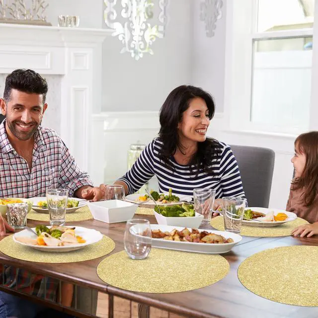Alt view image 7 of 7 - 50 PCS Light Gold Placemats Disposable, Light Gold Paper Placemats, 13.5" Round Shiny Golden Place Mats, for Birthday Summer Wedding Anniversary Bride Party Home Dining Tableware