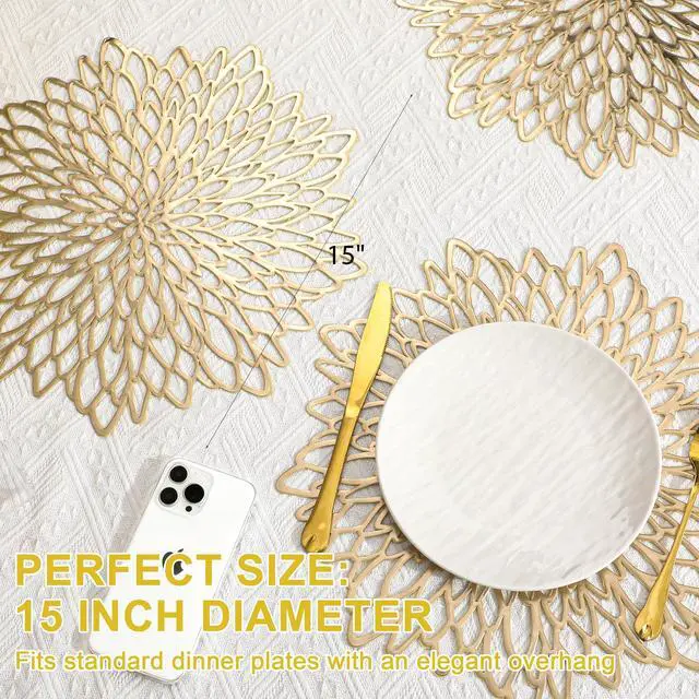 Alt view image 5 of 7 - Set of 8 Round Placemats Gold, Heat-Resistant PVC Table Mats with Luxury Metallic Glossy Finish for Thanksgiving Christmas Wedding Party Decor, Easy to Clean