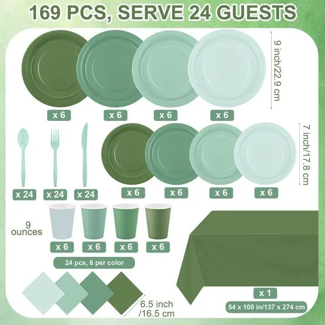 Alt view image 2 of 7 - 169 Pieces Sage Green Party Supplies Gradient Green Disposable Dinnerware Set Include Plates, Cups, Napkins Plastic Cutlery, Tablecloth for Wedding Birthday Party Decorations, Serve 24 Guests