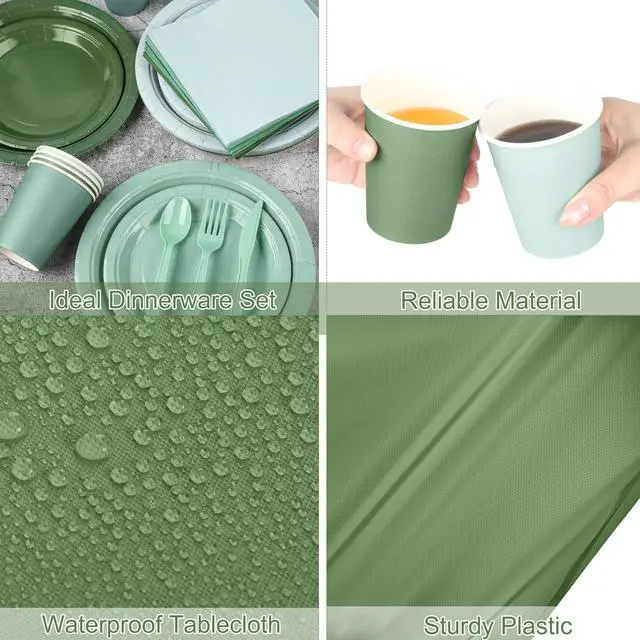 Alt view image 4 of 7 - 169 Pieces Sage Green Party Supplies Gradient Green Disposable Dinnerware Set Include Plates, Cups, Napkins Plastic Cutlery, Tablecloth for Wedding Birthday Party Decorations, Serve 24 Guests