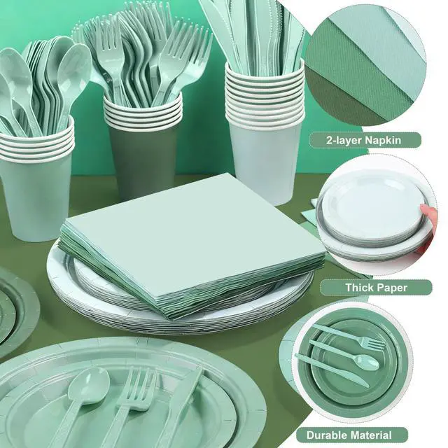 Alt view image 3 of 7 - 169 Pieces Sage Green Party Supplies Gradient Green Disposable Dinnerware Set Include Plates, Cups, Napkins Plastic Cutlery, Tablecloth for Wedding Birthday Party Decorations, Serve 24 Guests