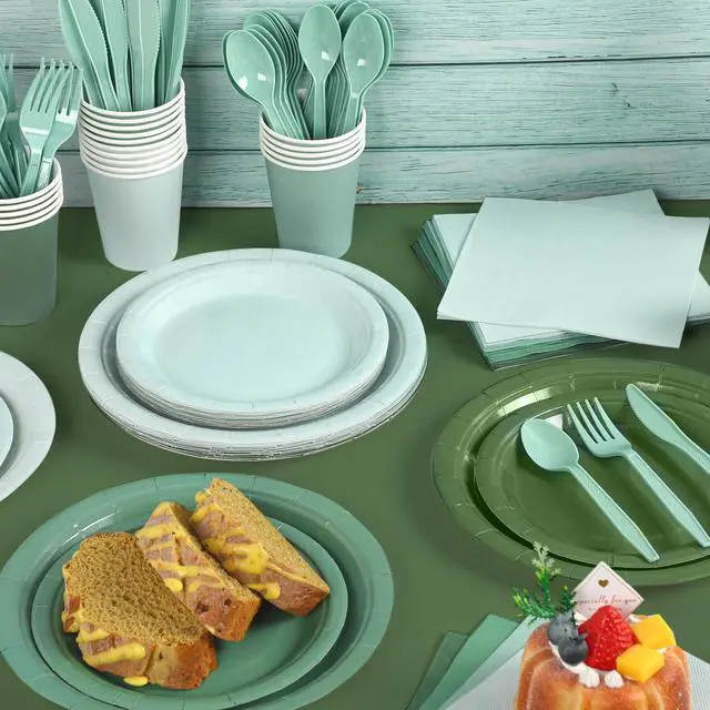 Alt view image 5 of 7 - 169 Pieces Sage Green Party Supplies Gradient Green Disposable Dinnerware Set Include Plates, Cups, Napkins Plastic Cutlery, Tablecloth for Wedding Birthday Party Decorations, Serve 24 Guests