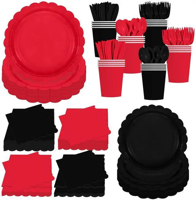 Main image of 140Pcs Red and Black Party Supplies BlackRed Birthday Scalloped Plates and Napkins CarnivalDisposable Tableware Set for Wedding Fiesta HalloweenBirthday Party supplies Decor Serves 20