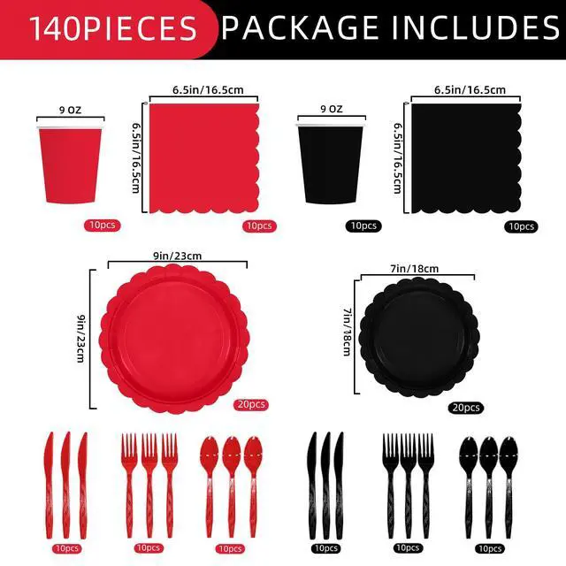 Alt view image 2 of 7 - 140Pcs Red and Black Party Supplies BlackRed Birthday Scalloped Plates and Napkins CarnivalDisposable Tableware Set for Wedding Fiesta HalloweenBirthday Party supplies Decor Serves 20