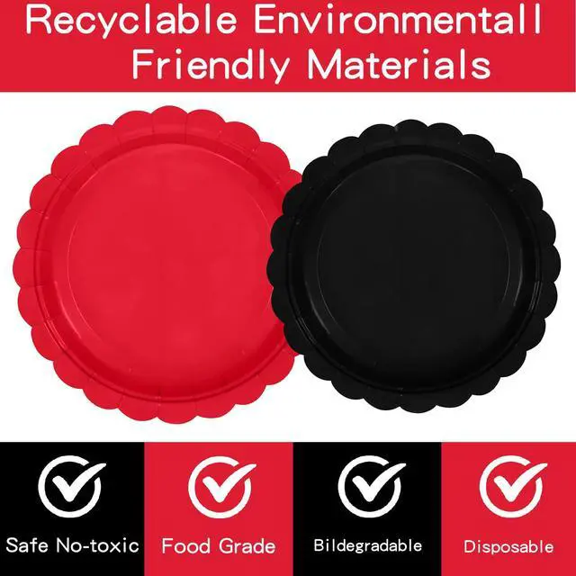 Alt view image 4 of 7 - 140Pcs Red and Black Party Supplies BlackRed Birthday Scalloped Plates and Napkins CarnivalDisposable Tableware Set for Wedding Fiesta HalloweenBirthday Party supplies Decor Serves 20