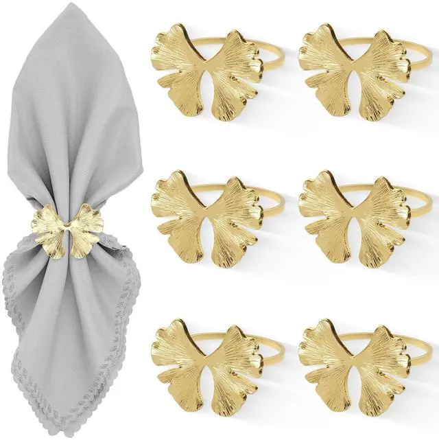 Main image of Fall Napkin Rings, Ginkgo Leaf Bow, Gold, Set of 6 | Holiday Party, Dinner Wedding Banquet, Dining Table Settings