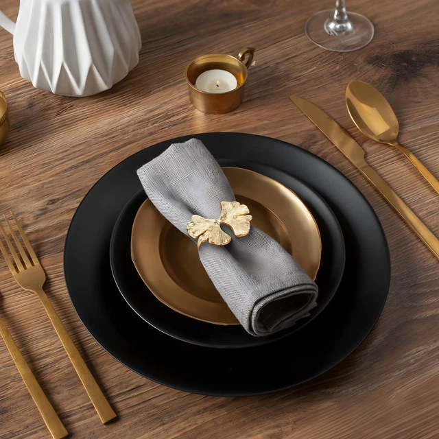 Alt view image 6 of 7 - Fall Napkin Rings, Ginkgo Leaf Bow, Gold, Set of 6 | Holiday Party, Dinner Wedding Banquet, Dining Table Settings