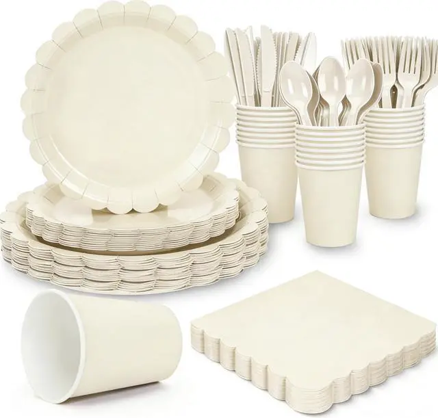 Main image of Party Plates and Cups and Napkins, 24 Set Ivory Scalloped Dinnerware | 168 Pcs Beige Party Supplies Include 9" Ivory Paper Plates, 7" Cream Plates for Bridal, Wedding, Baby Shower, Birthday