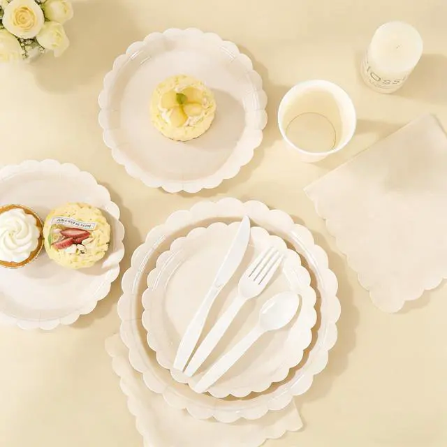 Alt view image 4 of 7 - Party Plates and Cups and Napkins, 24 Set Ivory Scalloped Dinnerware | 168 Pcs Beige Party Supplies Include 9" Ivory Paper Plates, 7" Cream Plates for Bridal, Wedding, Baby Shower, Birthday