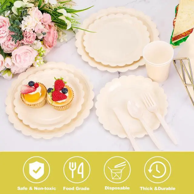 Alt view image 5 of 7 - Party Plates and Cups and Napkins, 24 Set Ivory Scalloped Dinnerware | 168 Pcs Beige Party Supplies Include 9" Ivory Paper Plates, 7" Cream Plates for Bridal, Wedding, Baby Shower, Birthday