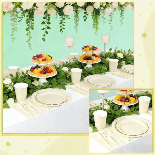 Alt view image 6 of 7 - Party Plates and Cups and Napkins, 24 Set Ivory Scalloped Dinnerware | 168 Pcs Beige Party Supplies Include 9" Ivory Paper Plates, 7" Cream Plates for Bridal, Wedding, Baby Shower, Birthday