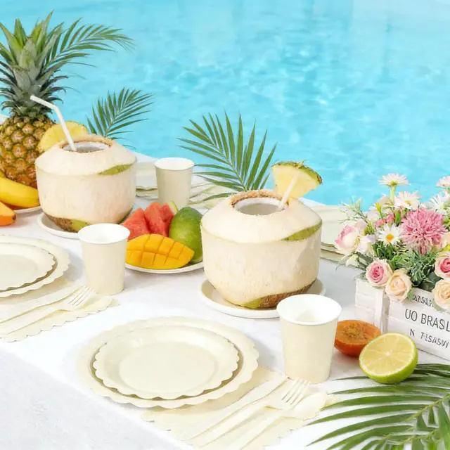 Alt view image 7 of 7 - Party Plates and Cups and Napkins, 24 Set Ivory Scalloped Dinnerware | 168 Pcs Beige Party Supplies Include 9" Ivory Paper Plates, 7" Cream Plates for Bridal, Wedding, Baby Shower, Birthday