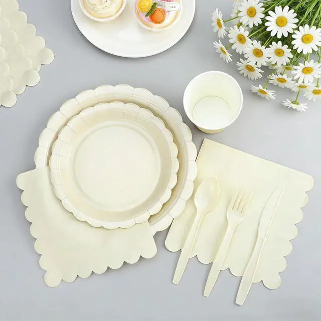 Alt view image 3 of 7 - Party Plates and Cups and Napkins, 24 Set Ivory Scalloped Dinnerware | 168 Pcs Beige Party Supplies Include 9" Ivory Paper Plates, 7" Cream Plates for Bridal, Wedding, Baby Shower, Birthday