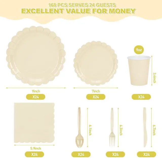Alt view image 2 of 7 - Party Plates and Cups and Napkins, 24 Set Ivory Scalloped Dinnerware | 168 Pcs Beige Party Supplies Include 9" Ivory Paper Plates, 7" Cream Plates for Bridal, Wedding, Baby Shower, Birthday