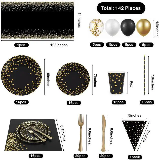 Alt view image 2 of 7 - Black and Gold Party Supplies - Party Dinnerware - Black Paper Plates Napkins Cups, Gold Plastic Forks Knives Spoon for Halloween, Graduation, Birthday, Cocktail PartyNew Year Eve 16 Set