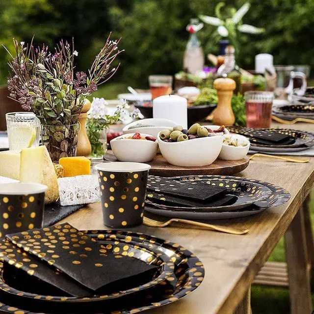 Alt view image 4 of 7 - Black and Gold Party Supplies - Party Dinnerware - Black Paper Plates Napkins Cups, Gold Plastic Forks Knives Spoon for Halloween, Graduation, Birthday, Cocktail PartyNew Year Eve 16 Set