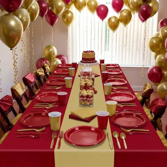 Alt view image 2 of 6 - 194 Pcs Disposable Party Tableware Set for 24 Guests, Burgundy,Gold | Plates Cups Cutlery Napkins Tablecloths, Birthday Graduation Wedding Parties, Serving Crafts Events, Disposable Dinnerware
