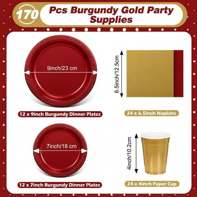 Alt view image 3 of 6 - 194 Pcs Disposable Party Tableware Set for 24 Guests, Burgundy,Gold | Plates Cups Cutlery Napkins Tablecloths, Birthday Graduation Wedding Parties, Serving Crafts Events, Disposable Dinnerware