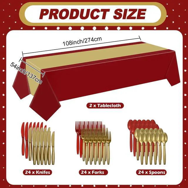 Alt view image 4 of 6 - 194 Pcs Disposable Party Tableware Set for 24 Guests, Burgundy,Gold | Plates Cups Cutlery Napkins Tablecloths, Birthday Graduation Wedding Parties, Serving Crafts Events, Disposable Dinnerware