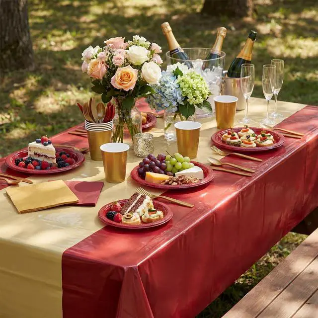 Alt view image 6 of 6 - 194 Pcs Disposable Party Tableware Set for 24 Guests, Burgundy,Gold | Plates Cups Cutlery Napkins Tablecloths, Birthday Graduation Wedding Parties, Serving Crafts Events, Disposable Dinnerware