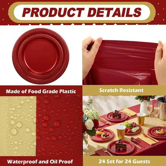Alt view image 5 of 6 - 194 Pcs Disposable Party Tableware Set for 24 Guests, Burgundy,Gold | Plates Cups Cutlery Napkins Tablecloths, Birthday Graduation Wedding Parties, Serving Crafts Events, Disposable Dinnerware