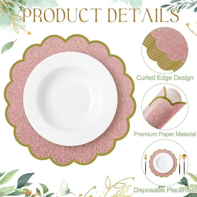 Alt view image 3 of 7 - 50 Pcs Paper Placemats, 13.5 Inch Disposable Scalloped Placemat, Decorative Round Table Place Mats for Birthday, Wedding, Bridal Shower, Baby Shower, Tea Party, Dining Tableware (Pink)