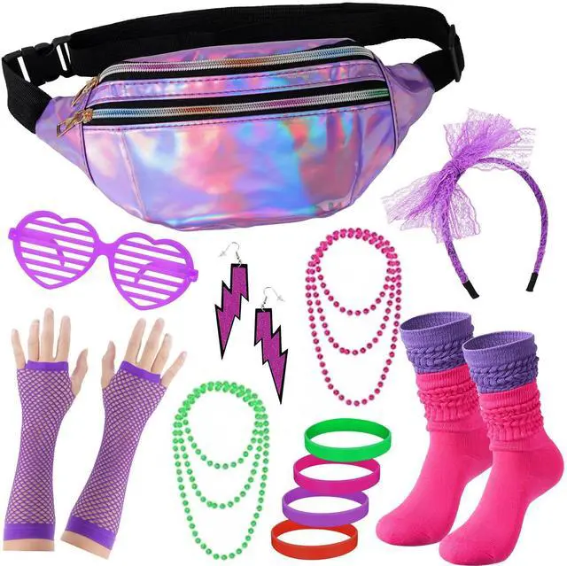 Main image of 80s Accessories for Women Outfit Set, Neon Leg Warmers, Lace Headband, Fishnet Gloves, Earrings & Holographic Fanny Pack, Retro Costume for 80's Party