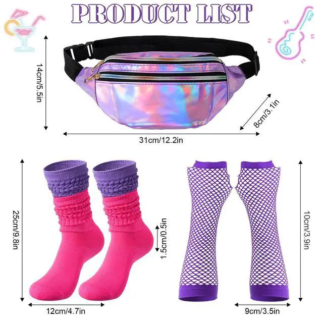 Alt view image 2 of 5 - 80s Accessories for Women Outfit Set, Neon Leg Warmers, Lace Headband, Fishnet Gloves, Earrings & Holographic Fanny Pack, Retro Costume for 80's Party