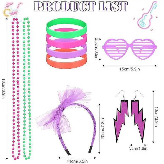 Alt view image 3 of 5 - 80s Accessories for Women Outfit Set, Neon Leg Warmers, Lace Headband, Fishnet Gloves, Earrings & Holographic Fanny Pack, Retro Costume for 80's Party