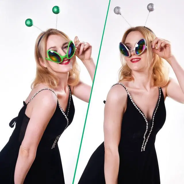 Alt view image 5 of 7 - 2 Pairs Alien Headband and Glasses, Sunglasses, Glitter Green Silver Boppers Antenna Headband Set, Alien Costume Party Favors Accessories for Adults and Kids (green+silver)