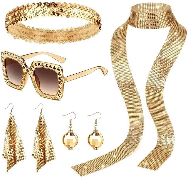 Main image of 70s Disco Costume Accessories Set for Women, 5Piece Retro Party Cosplay Kit | Glam shiny retro disco styling, Allinone accessory kit, Ideal for retro party, Halloween & photo props