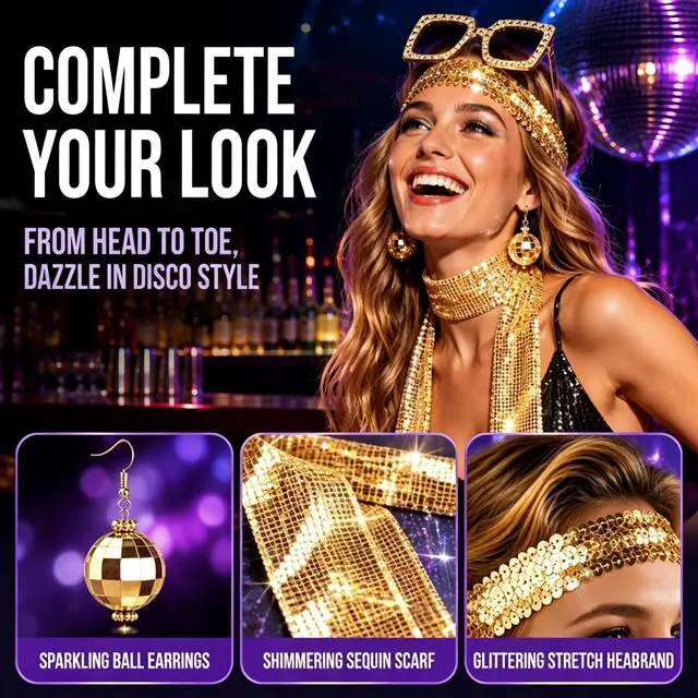Alt view image 2 of 7 - 70s Disco Costume Accessories Set for Women, 5Piece Retro Party Cosplay Kit | Glam shiny retro disco styling, Allinone accessory kit, Ideal for retro party, Halloween & photo props