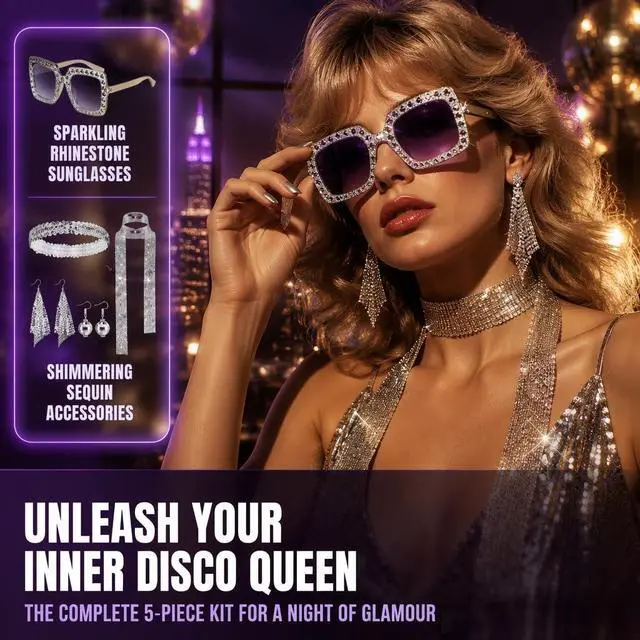 Alt view image 4 of 7 - 70s Disco Costume Accessories Set for Women, 5Piece Retro Party Cosplay Kit | Glam shiny retro disco styling, Allinone accessory kit, Ideal for retro party, Halloween & photo props