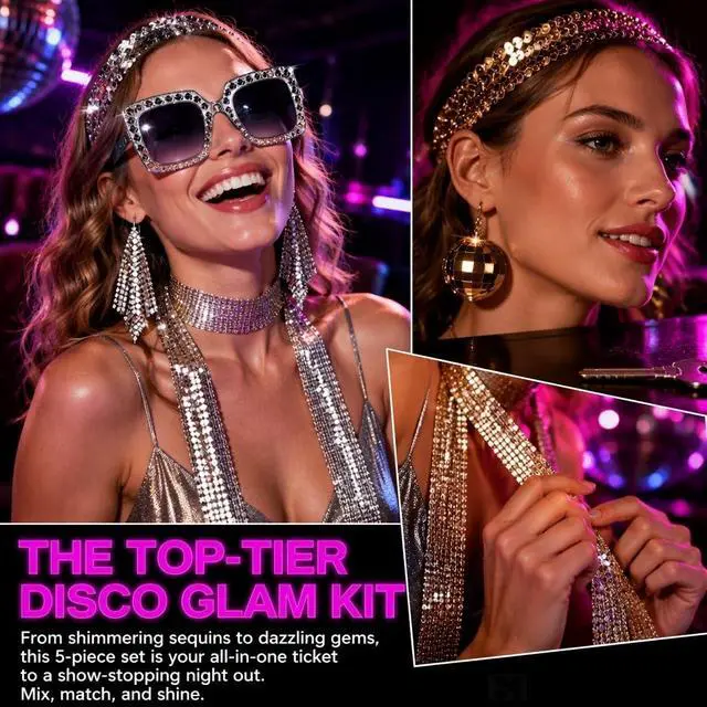 Alt view image 5 of 7 - 70s Disco Costume Accessories Set for Women, 5Piece Retro Party Cosplay Kit | Glam shiny retro disco styling, Allinone accessory kit, Ideal for retro party, Halloween & photo props
