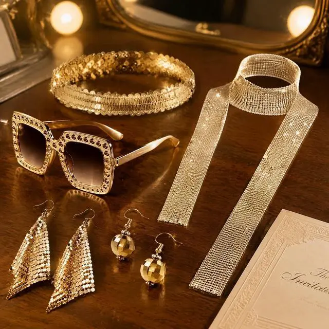 Alt view image 6 of 7 - 70s Disco Costume Accessories Set for Women, 5Piece Retro Party Cosplay Kit | Glam shiny retro disco styling, Allinone accessory kit, Ideal for retro party, Halloween & photo props