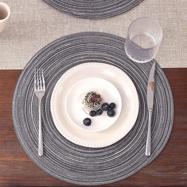 Alt view image 2 of 7 - Round Placemats Set of 4 Round Braided Placemats 15 inch Cotton Polyester Woven Table Placemats for Dining Table Holiday Party (Black Gray, 4)